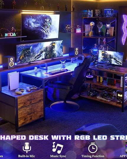 Aheaplus L Shaped Desk with File Drawer, 66" Reversible L Shaped Computer Desk with Power Outlet & LED Strip, Gaming Desk with Monitor Stand, Office Desk Corner Desk with Storage Shelf, Rustic Brown - LeafyLoom