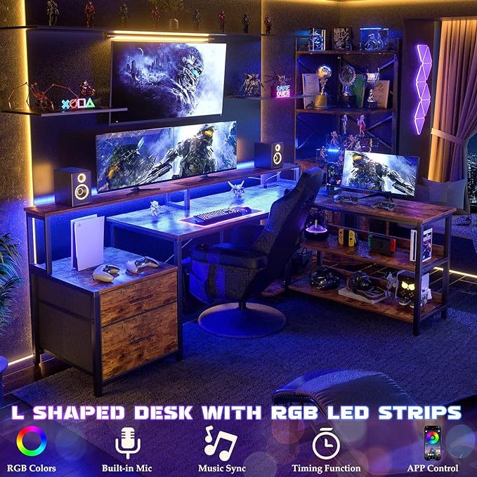 Aheaplus L Shaped Desk with File Drawer, 66" Reversible L Shaped Computer Desk with Power Outlet & LED Strip, Gaming Desk with Monitor Stand, Office Desk Corner Desk with Storage Shelf, Rustic Brown - LeafyLoom