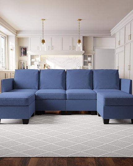 Modern Chenille Fabric U-Shaped 6 Seat Sectional Sleeper Couch with Reversible Chaise Modular Sofa with Storage, Large, Dark Blue - LeafyLoom