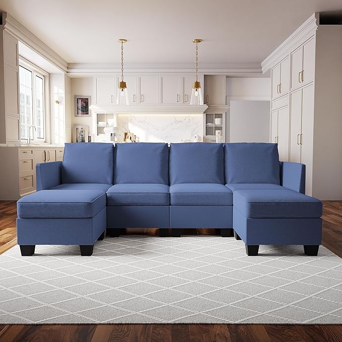 Modern Chenille Fabric U-Shaped 6 Seat Sectional Sleeper Couch with Reversible Chaise Modular Sofa with Storage, Large, Dark Blue - LeafyLoom
