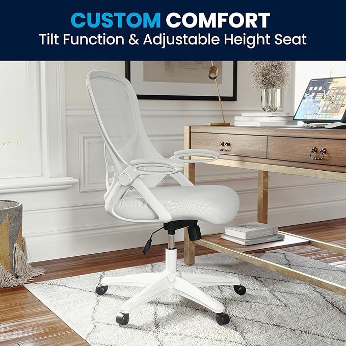 Flash Furniture Porter High-Back Swivel Office Chair with Adjustable Lumbar Support and Seat Height, Ergonomic Mesh Desk Chair with Flip-Up Armrests, White - LeafyLoom