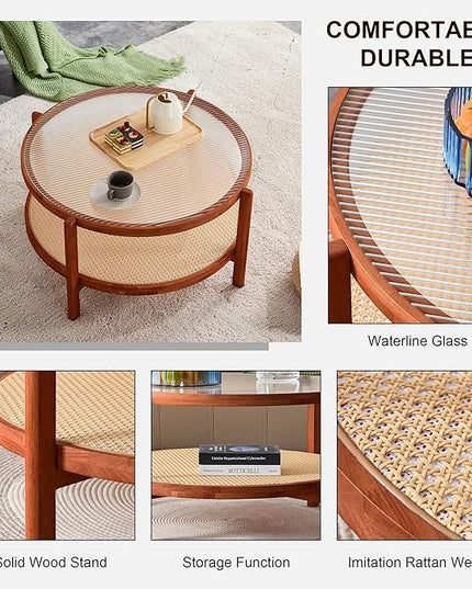 NicBex Dining Table Round Kitchen Table Contemporary Modern Minimalist Circular Double-Layer Solid Wood Coffee Table, Craft Glass Tabletop, Rattan, Solid Wood Frame, Walnut - LeafyLoom