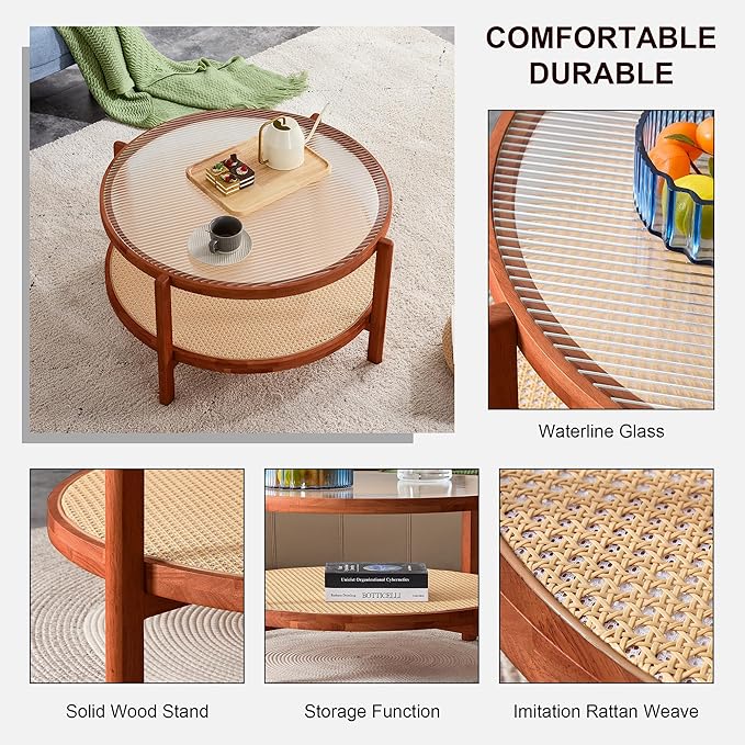 NicBex Dining Table Round Kitchen Table Contemporary Modern Minimalist Circular Double-Layer Solid Wood Coffee Table, Craft Glass Tabletop, Rattan, Solid Wood Frame, Walnut - LeafyLoom