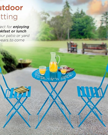 Alpine Corporation Indoor/Outdoor 3-Piece Bistro Set Folding Table and Chairs Patio Seating, Blue - LeafyLoom