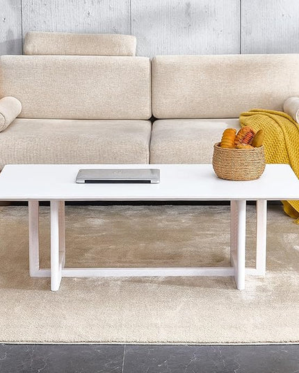 Chinese Style Coffee Table, Rattan Rectangular Solid Wood Coffee Table, Mid Century Modern Coffee Table Center Table Tea Table for Living Room Office, White - LeafyLoom