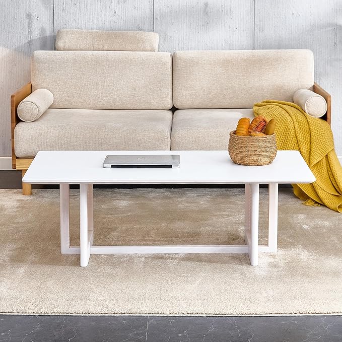 Chinese Style Coffee Table, Rattan Rectangular Solid Wood Coffee Table, Mid Century Modern Coffee Table Center Table Tea Table for Living Room Office, White - LeafyLoom