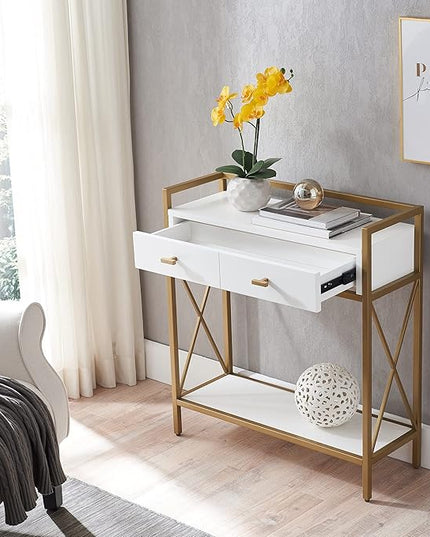 Leick Home 9231-WTGL Claudette Mixed Metal and Wood Hall Stand with Shelf, White/gold - LeafyLoom