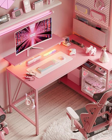 Bestier Gaming Desk with Power Outlets,42 LED Small Corner Computer Desk with Reversible Storage Shelves,L Shaped Desk with Hooks Workstation Desk for Office and Bedroom,Pink Carbon Fiber - LeafyLoom