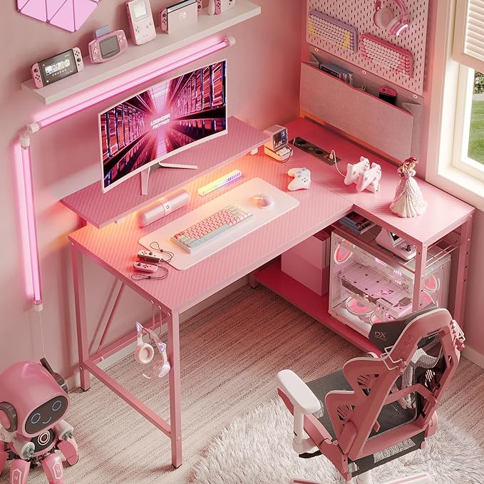 Bestier Gaming Desk with Power Outlets,42 LED Small Corner Computer Desk with Reversible Storage Shelves,L Shaped Desk with Hooks Workstation Desk for Office and Bedroom,Pink Carbon Fiber - LeafyLoom