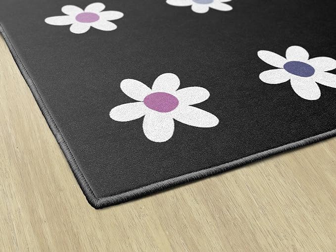 Flagship Carpets Schoolgirl Style Daisies on Black Criss-Cross Applesauce Educational Area Rug for Kids Room, Children's Classroom, Play Carpet for Teaching and Playroom, 5' x 7'6", Seats 20 - LeafyLoom