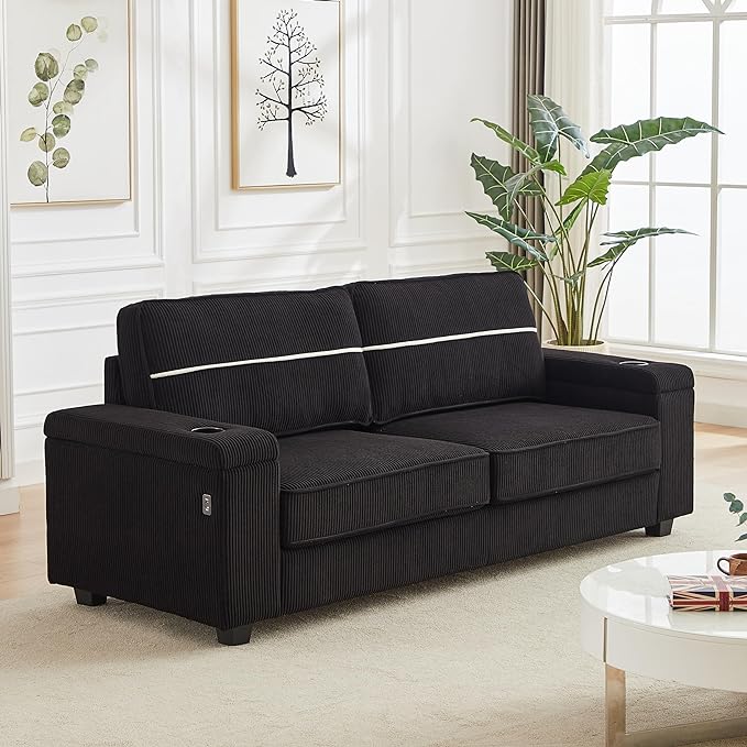 Modern Living Room Upholstered 3 Seater Sofa Couch Deep Seat Soft Corduroy Sofa&Couch with Storage Armrests, 2 Cupholders, Type-C and USB Charging Ports for Home, Apartment, Office - LeafyLoom
