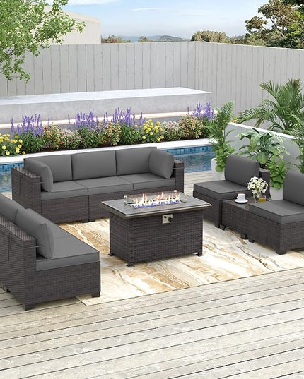 Patio Furniture Sectional Sofa Set 10-Pieces PE Rattan Patio Conversation Set w/43in Gas Fire Pit Table, Outdoor Furniture with 55000 BTU Propane Fire Pit, Grey - LeafyLoom