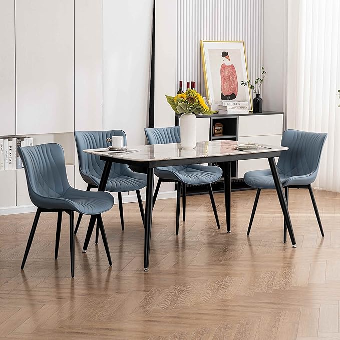 YOUTASTE Dining Chairs Set of 2 Upholstered Mid Century Modern Kitchen Dining Room Chairs Armless Faux Leather Accent Chairs Metal Vanity Lounge Chair with Back for Living Room Bedrooms,Blue - LeafyLoom