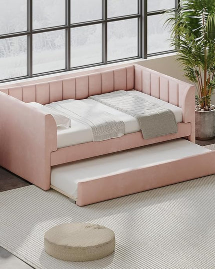 Twin Size Upholstered Velvet Daybed with Trundle,Wood Bed Frame w/ 2 Armrests,Slat Support,No Box Spring Needed,for Small Living Spaces and Accommodating Guests,Pink - LeafyLoom