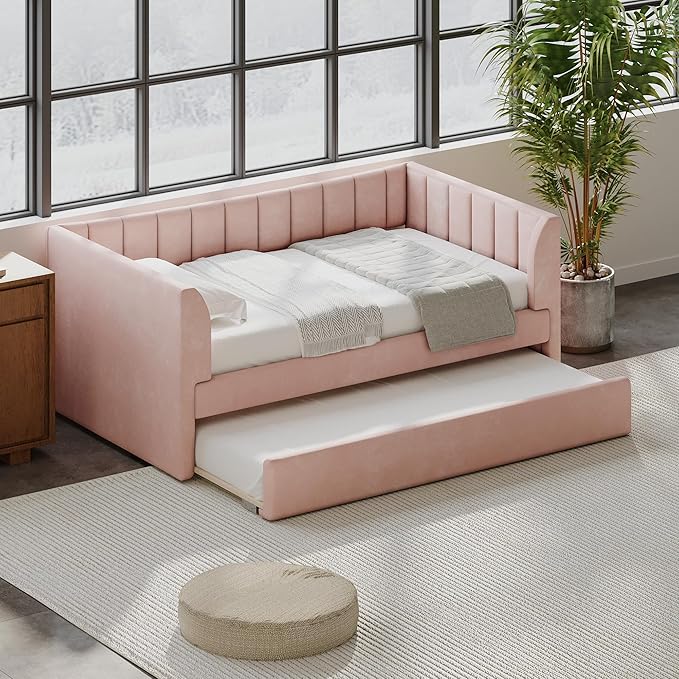 Twin Size Upholstered Velvet Daybed with Trundle,Wood Bed Frame w/ 2 Armrests,Slat Support,No Box Spring Needed,for Small Living Spaces and Accommodating Guests,Pink - LeafyLoom