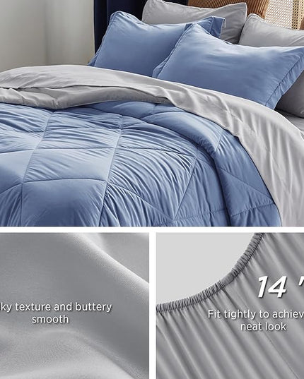 Bedsure Infinity Blue Full Size Comforter Set - 7 Pieces Reversible Full Bed in a Bag, Full Bed Set Infinity Blue and Grey with Comforters, Sheets, Pillowcases & Shams - LeafyLoom