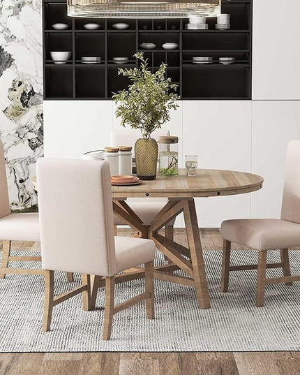 5-Piece Retro Wooden Round Extendable Dining Table Set with 4 Upholstered Chairs for Dinette Room and Kitchen (42", Natural Wood Wash), 42"-58" L x 42" W x 30" H - LeafyLoom