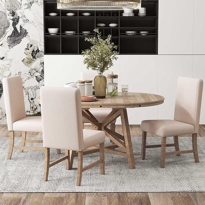 5-Piece Retro Wooden Round Extendable Dining Table Set with 4 Upholstered Chairs for Dinette Room and Kitchen (42", Natural Wood Wash), 42"-58" L x 42" W x 30" H - LeafyLoom