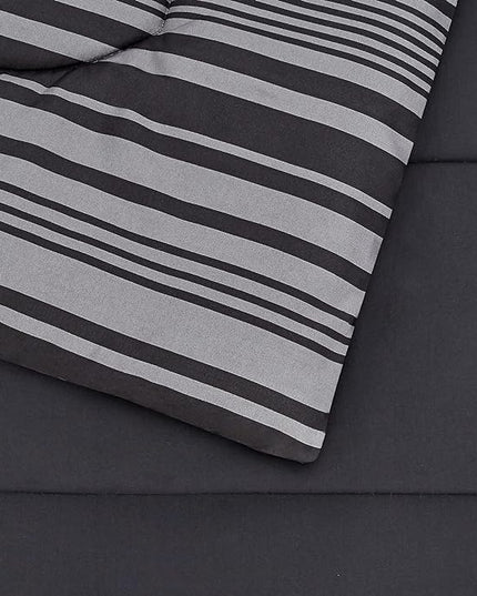 Amazon Basics Lightweight Microfiber Bed-in-a-Bag Comforter 7-Piece Bedding Set, Full/Queen, Gray Calvin Stripe, Striped - LeafyLoom