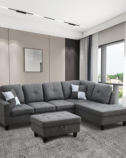 ROOMTEC Modern L Shaped Sectional Sofa Set with Storage Ottoman, Right Facing Chaise Longue, Reversible Backrest w/ 2 Cup Holders, Linen Tufted Cushions, for Living Room, Black Grey - LeafyLoom