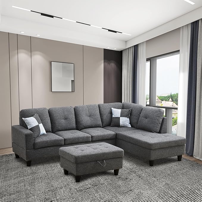ROOMTEC Modern L Shaped Sectional Sofa Set with Storage Ottoman, Right Facing Chaise Longue, Reversible Backrest w/ 2 Cup Holders, Linen Tufted Cushions, for Living Room, Black Grey - LeafyLoom