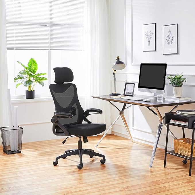 Yaheetech Ergonomic Office Chair, High Back Desk Chair with with flip-up Armrests, Adjustable Padded Headrest Mesh Computer Chair with Lumbar Support for Home Office Meeting Room, Black - LeafyLoom