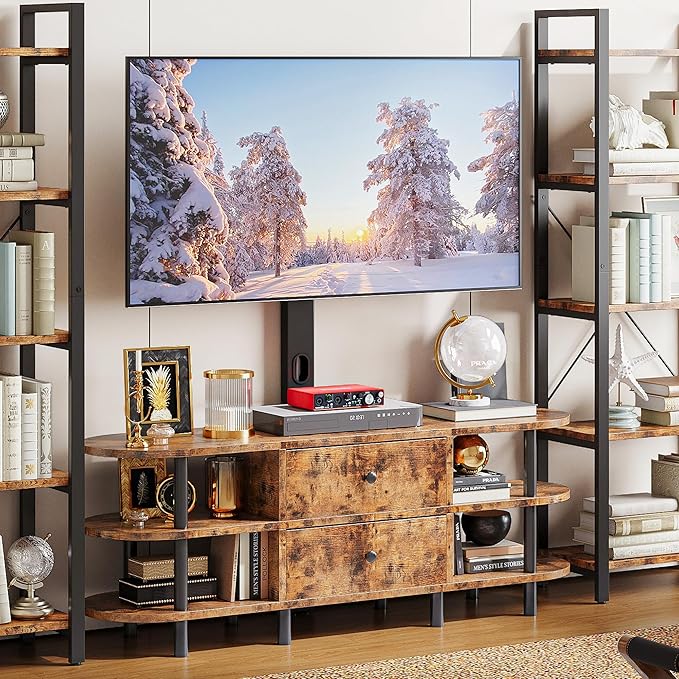 IRONCK TV Stand with Mount and Power Outlet 55", Swivel TV Stand Mount for 75+ inch TV, 3 Tiers TV Console with Drawer and Storage Shelves Entertainment Center - LeafyLoom