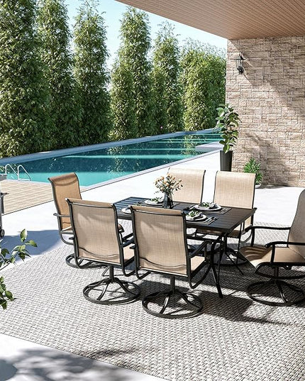 Pamapic 7 Pieces Patio Dining Set, Outdoor Dining Set for Garden Backyard Poolside Deck,Outdoor Table and Chairs Set with 6 Textilene Swivel Chairs,Beige - LeafyLoom
