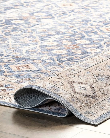 nuLOOM Shae Faded Persian Bordered Machine Washable Ultra Thin Area Rug, 4' x 6', Blue - LeafyLoom