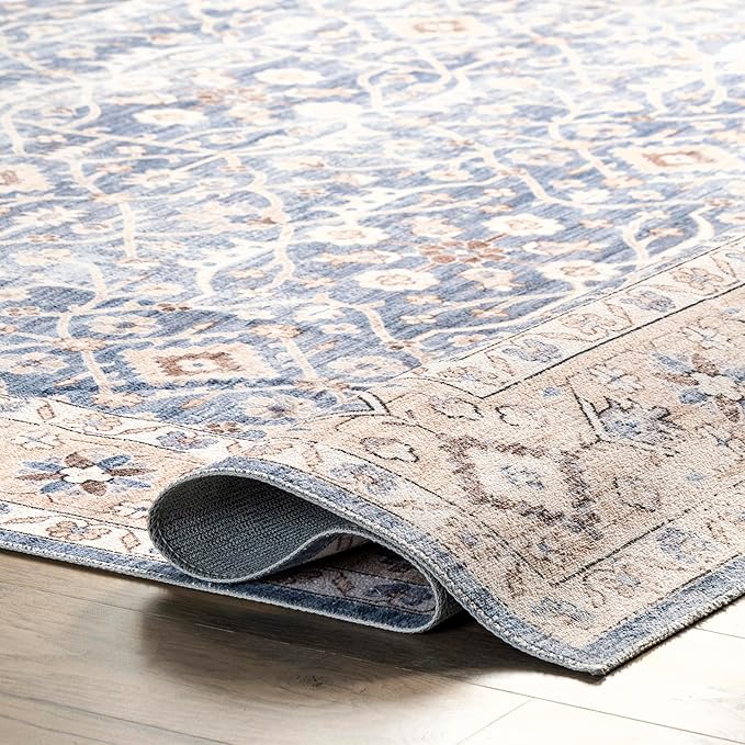 nuLOOM Shae Faded Persian Bordered Machine Washable Ultra Thin Area Rug, 4' x 6', Blue - LeafyLoom