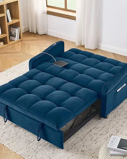 Tufted Convertible Futon Loveseat Pull Out Couch Bed 3 in 1 Velvet Upholstered Sleeper Sofa Recliner Love Seat Lounge Chaise Daybed with Adjustable Backrest Type C and USB Charging for Living Room - LeafyLoom
