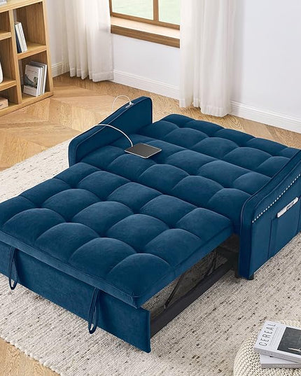 Functional Love Seat Sofabed W/TypeC & USB Port and Copper Nail Decor, Modern Loveseat Sofa Convertible Pull Out Sleeper Couch Bed for Apartment Office Living Room, 53.", Blue-1413 - LeafyLoom