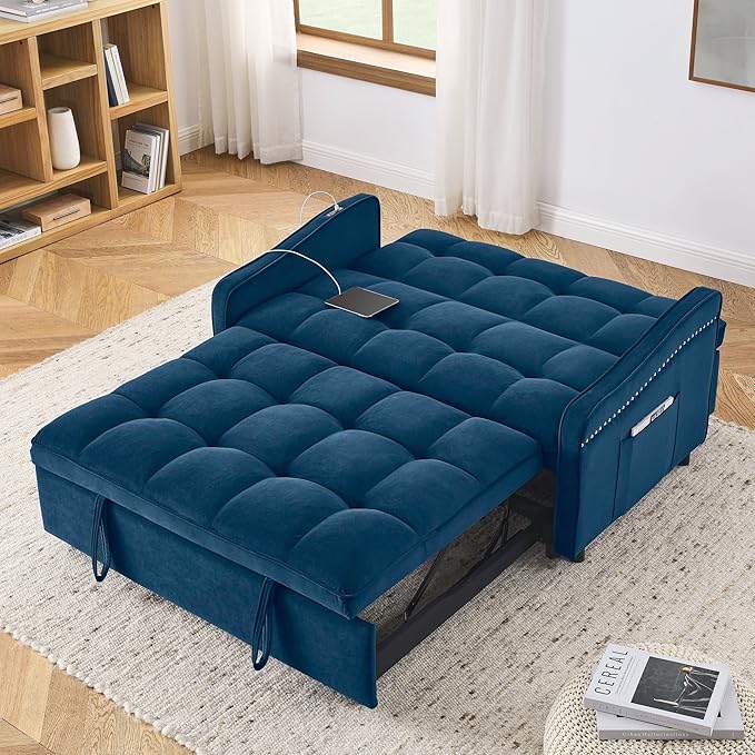 Functional Love Seat Sofabed W/TypeC & USB Port and Copper Nail Decor, Modern Loveseat Sofa Convertible Pull Out Sleeper Couch Bed for Apartment Office Living Room, 53.", Blue-1413 - LeafyLoom