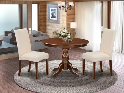 East West Furniture HBDR3-MAH-01 Hartland 3 Piece Room Furniture Set Contains a Round Dining Table with Pedestal and 2 Cream Linen Fabric Upholstered Parson Chairs, 42x42 Inch - LeafyLoom