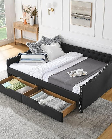 Queen Size Mid-Century Daybed, 2 Storage Drawers,Linen Button Upholstered Tufted Bed, Copper Nail on Waved Shape Arms, No Box Spring Needed,for Bedroom, Livingroom, Black - LeafyLoom