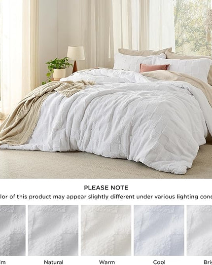 Bedsure King Size Comforter Set White, Boho Tufted Bedding Comforter Set, Checkered Farmhouse Shabby Chic Bed Set, 3 Pieces, 1 Plaid Geometric Comforter and 2 Pillow Shams - LeafyLoom