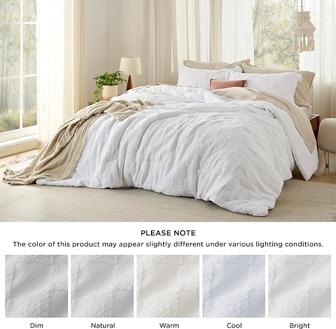 Bedsure King Size Comforter Set White, Boho Tufted Bedding Comforter Set, Checkered Farmhouse Shabby Chic Bed Set, 3 Pieces, 1 Plaid Geometric Comforter and 2 Pillow Shams - LeafyLoom