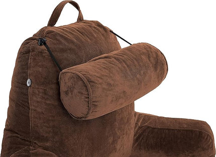 Husband Pillow XXL Chocolate Backrest with Arms - Adult Reading Pillow Shredded Memory Foam, Ultra-Comfy Removable Microplush Cover & Detachable Neck Roll, Unmatched Support Bed Rest Sit Up Pillow - LeafyLoom