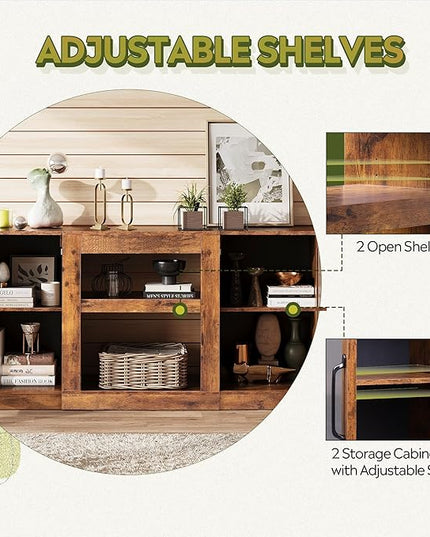 WLIVE TV Stand for 65 Inch TV, Retro Entertainment Center with Glass Cabinet Doors, 58" TV Stands for Living Room and Bedroom, Vintage Television Console, Rustic Brown - LeafyLoom