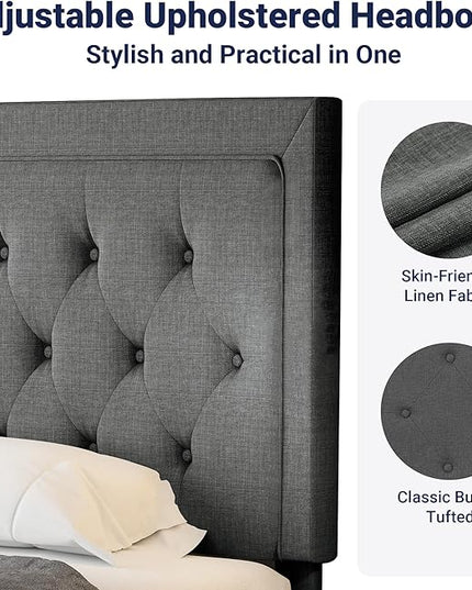 Allewie Queen Size Button Tufted Platform Bed Frame/Fabric Upholstered Bed Frame with Adjustable Headboard/Wood Slat Support/Mattress Foundation/Dark Grey (Queen) - LeafyLoom