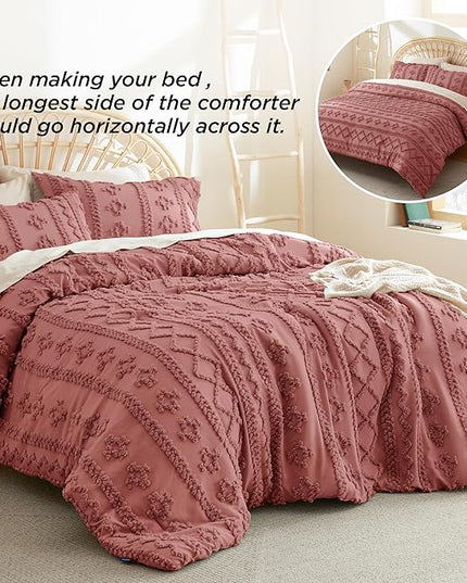Bedsure Tufted Boho Comforter Set King - Grayish Pink Boho Bedding Comforter Set, 3 Pieces Farmhouse Shabby Chic Embroidery Bed Set, Soft Jacquard Comforter for All Seasons - LeafyLoom