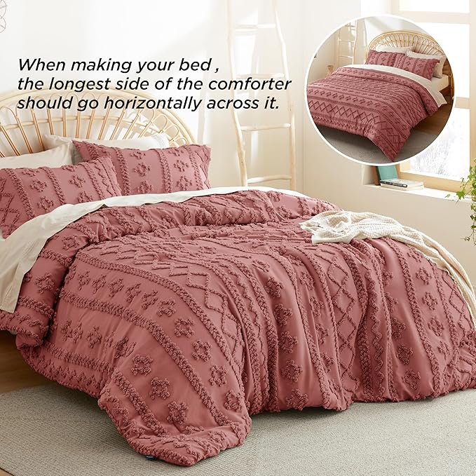 Bedsure Tufted Boho Comforter Set King - Grayish Pink Boho Bedding Comforter Set, 3 Pieces Farmhouse Shabby Chic Embroidery Bed Set, Soft Jacquard Comforter for All Seasons - LeafyLoom