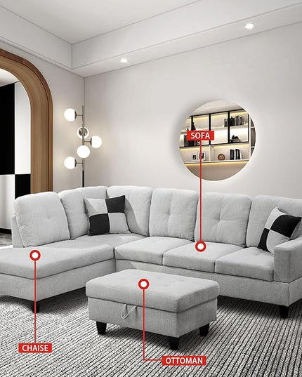 ROOMTEC 3 Piece L Shaped Sectional Sofa Set with Storage Ottoman, Left Facing Chaise Longue, Reversible Backrest w/ 2 Cup Holders, Flannel Tufted Cushions, for Living Room, Off White - LeafyLoom