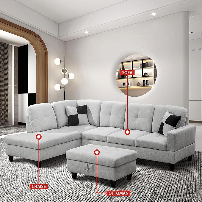 ROOMTEC 3 Piece L Shaped Sectional Sofa Set with Storage Ottoman, Left Facing Chaise Longue, Reversible Backrest w/ 2 Cup Holders, Flannel Tufted Cushions, for Living Room, Off White - LeafyLoom