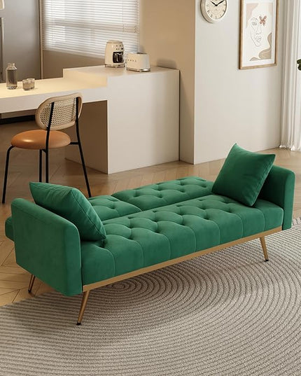 Velvet Upholstered Modern Convertible Futon Couch Folding Sofa Bed Recliner Lounge Loveseat Daybed Sofacama with Adjustable Backrest and Golden Legs for Small RV Living Room Office, Green 68.3" - LeafyLoom