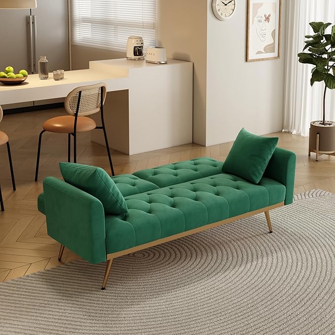 Velvet Upholstered Modern Convertible Futon Couch Folding Sofa Bed Recliner Lounge Loveseat Daybed Sofacama with Adjustable Backrest and Golden Legs for Small RV Living Room Office, Green 68.3" - LeafyLoom