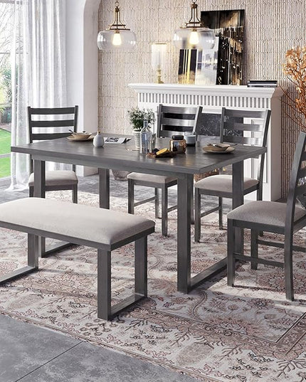 6 Pieces Simple Style Solid Wood Dining Room Set with Rectangular Table, 4 Upholstered Chairs and Bench, Stable Frame and a Long Lifespan, Family Furniture for Kitchen, Livingroom, Brown+Beige - LeafyLoom