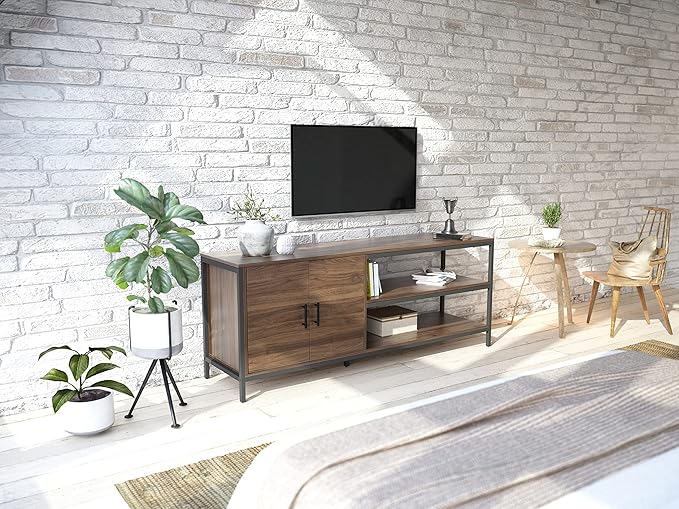 Novilla Retro Farmhouse TV Stand for TVs up to 65 Inches, Living Room Entertainment Center for Flat/Curved Screen, 58 Inches, Walnut - LeafyLoom