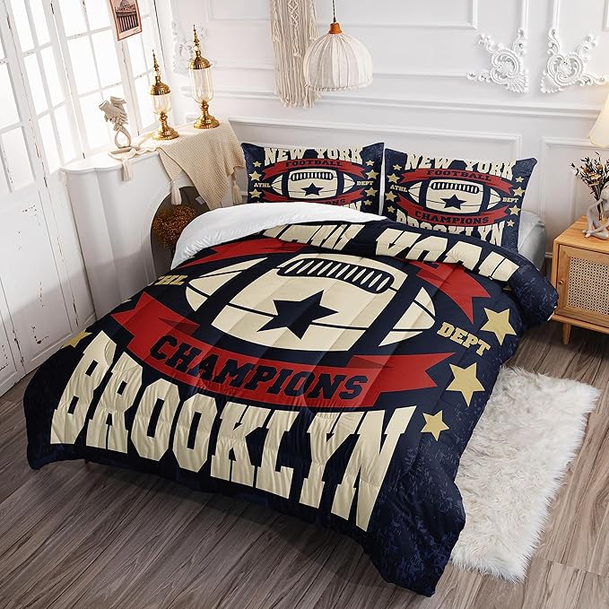 Datura home Football Comforter Sets for Boys Kids,Red Blue Theme Beige Football Championship,Duvet 3Pcs in Quilt Sets with 1 Comforter and 2 Pillowcases All Season(Red Twin) - LeafyLoom