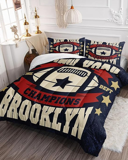 Datura home Football Comforter Sets for Boys Kids,Red Blue Theme Beige Football Championship,Duvet 3Pcs in Quilt Sets with 1 Comforter and 2 Pillowcases All Season(Red Queen) - LeafyLoom